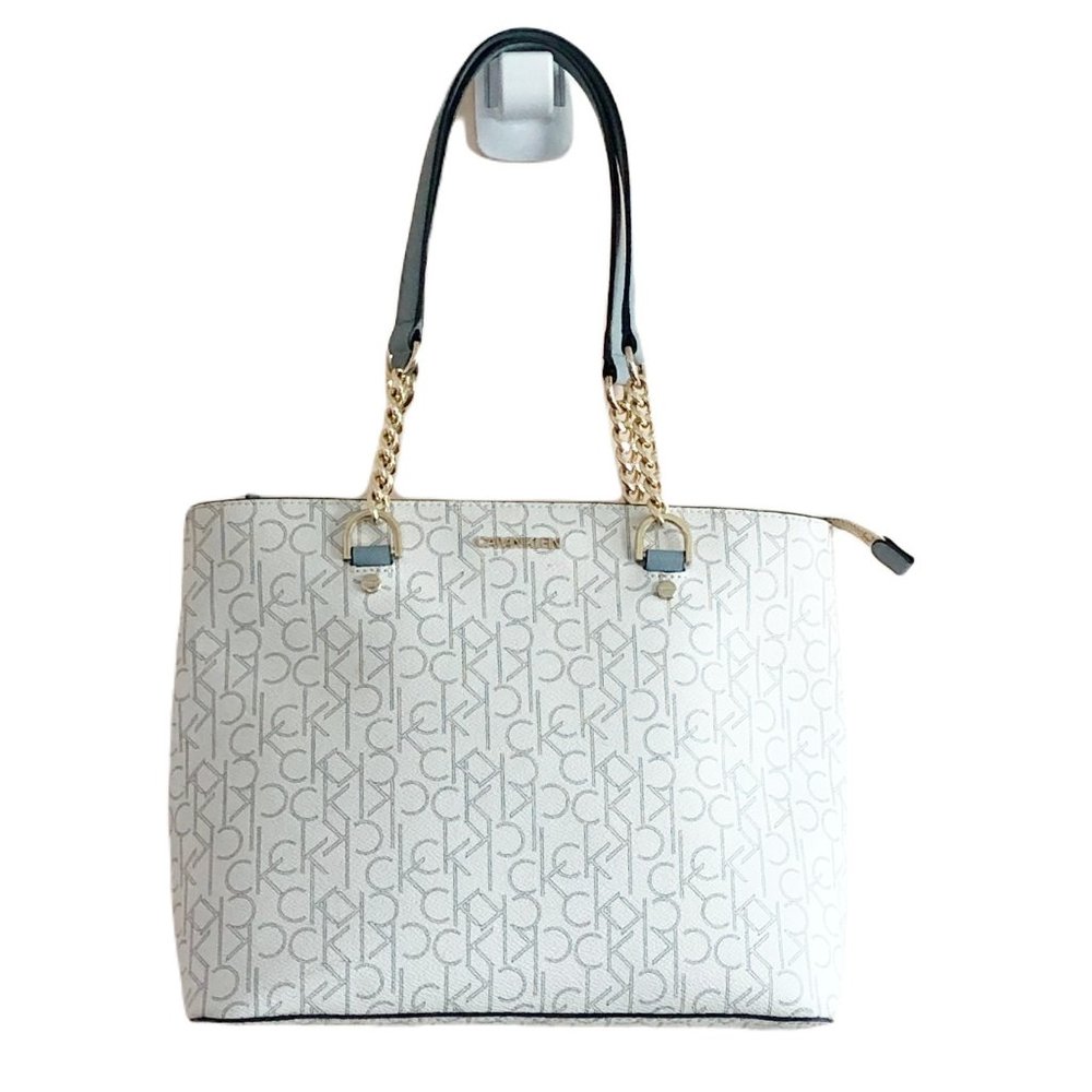 Calvin Klein monogram cream and pale blue Twilight tote purse handbag - Picture 3 of 14